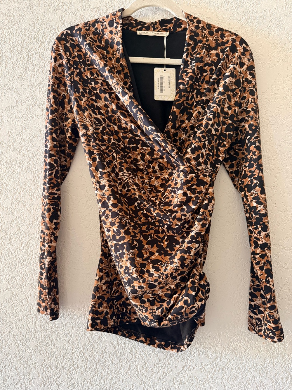 PERUVIAN CONNECTION Pantera Womens Animal Print Ruched Causal Faux Wrap Top Sz S